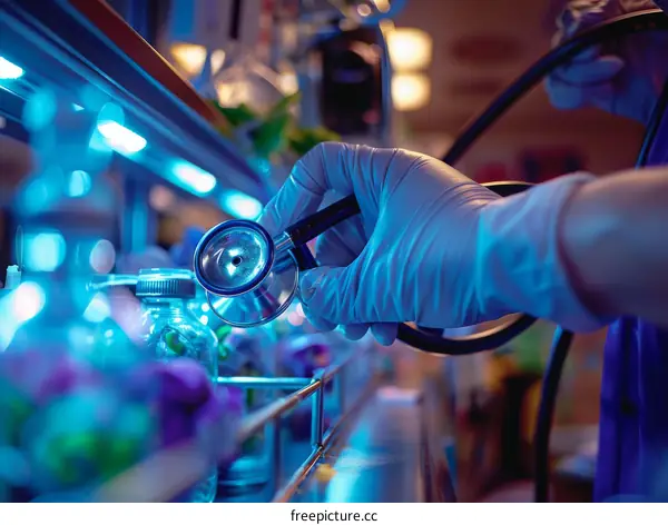 A gloved hand holding a stethoscope near a patient