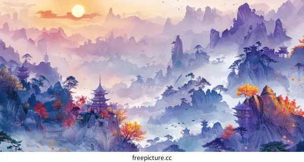 Misty Mountain Landscape with Traditional Chinese Buildings and Trees