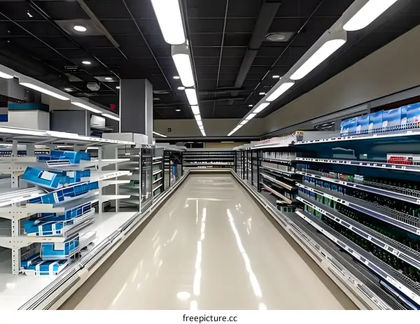 Empty Grocery Store Aisle with Shelves and Fluorescent Lights
