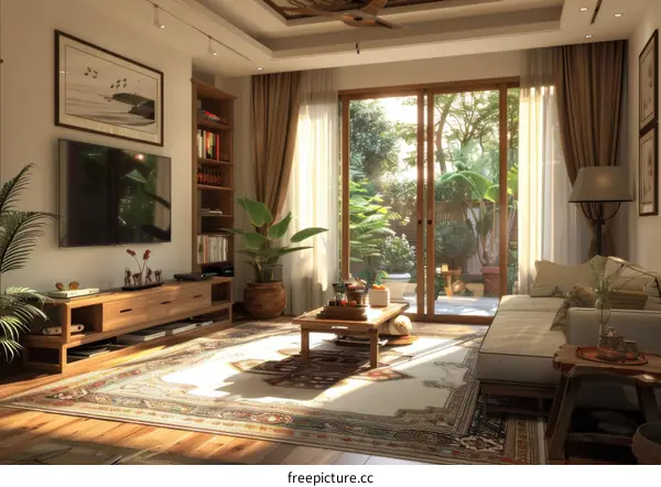 The sunlight shines through the window into the living room