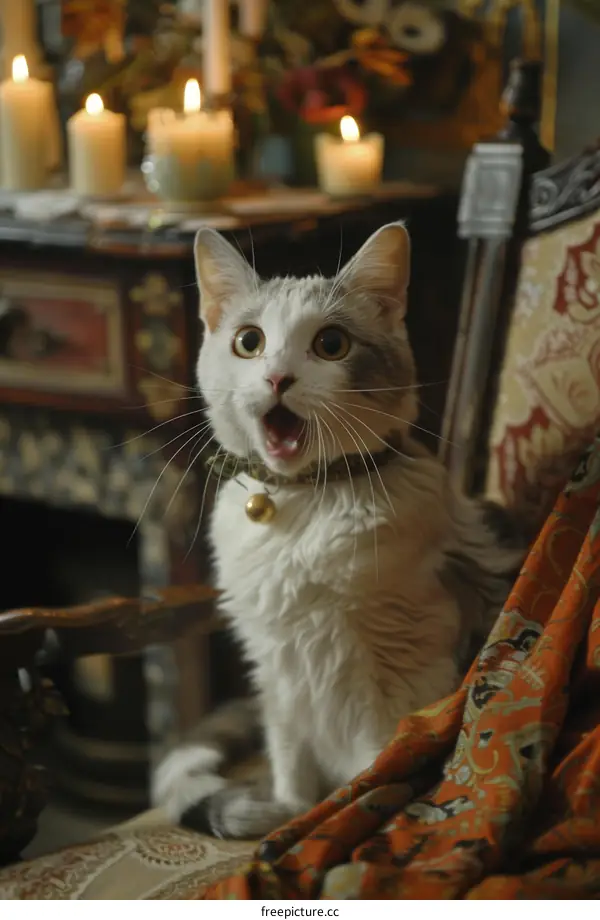 A surprised white cat sitting on a chair with candles in the background