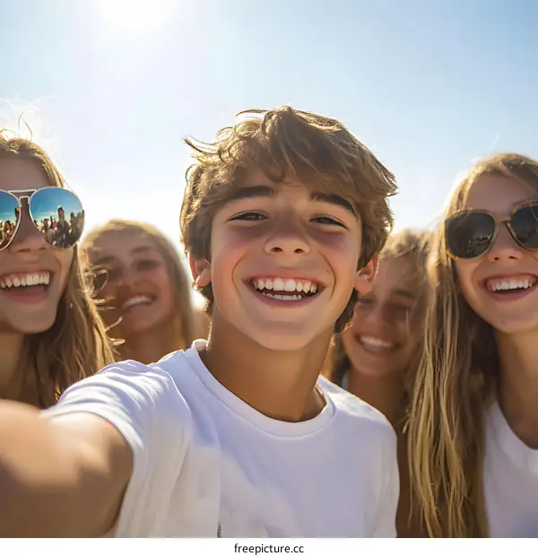 Happy Teenagers Taking a Selfie on a Beach