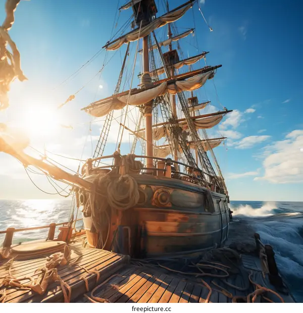 A wooden tall ship sails on the high seas