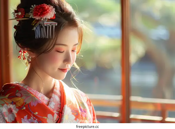 A beautiful Japanese woman wearing a kimono