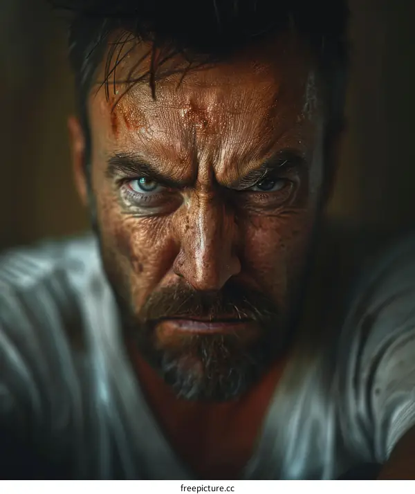 Close-up Portrait of a Man with Intense Facial Expression