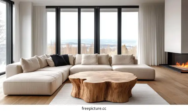 Modern Living Room with Large Windows and Wooden Coffee Table