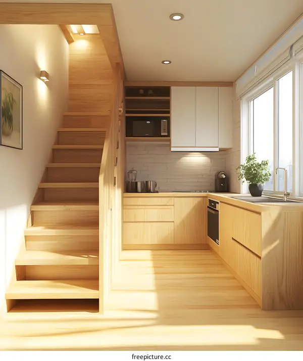 Minimalist Kitchen Design with Wooden Stairs and Sunlight