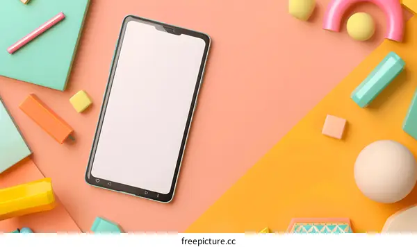 Colorful Geometric Shapes with Smartphone on a Pastel Background