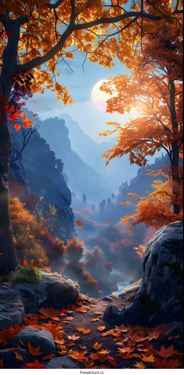 Autumn Landscape With A Misty Mountain Range And A Moon In The Sky