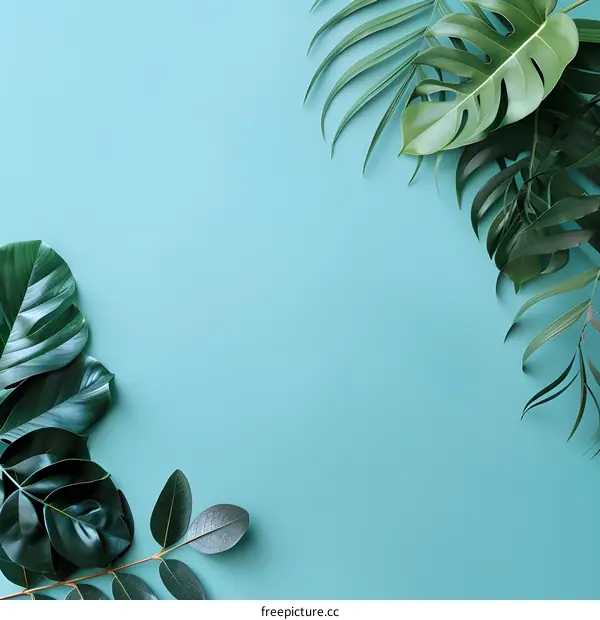 Tropical Leaves Border on Blue Background