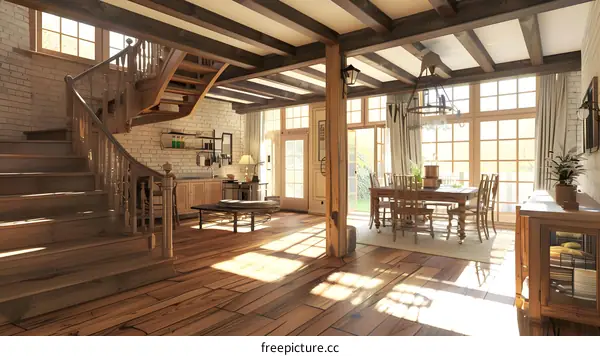 Rustic Farmhouse Interior Design with Wooden Beams and Stairs