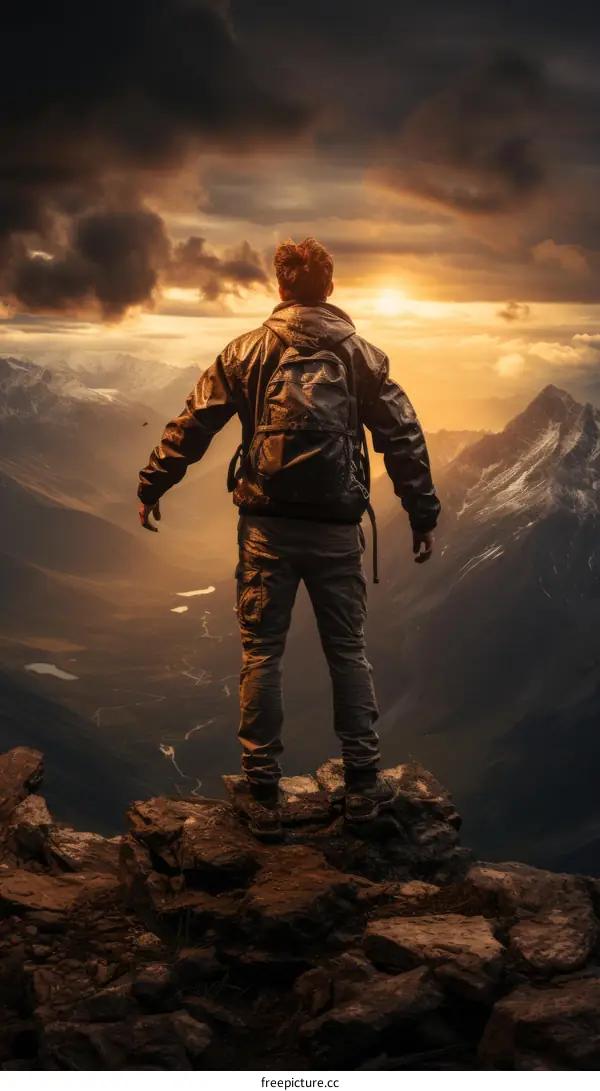 Man standing on a mountaintop overlooking a valley at sunset