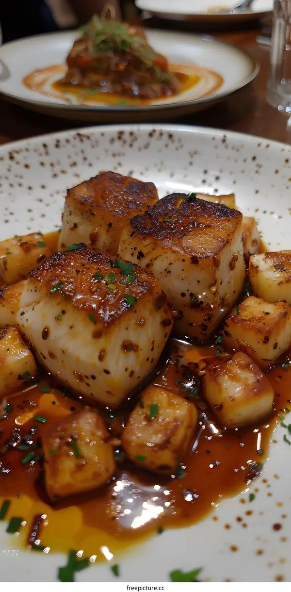 A plate of delicious scallops with a brown sauce