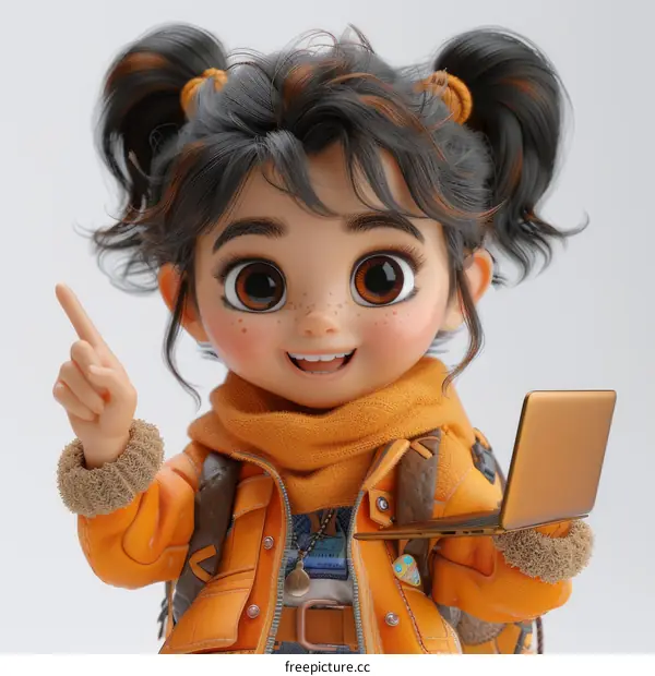 Young Girl Pointing at Laptop - Education Illustration