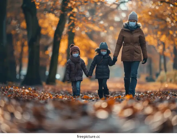 Family wearing medical masks walking in the park during coronavirus pandemic