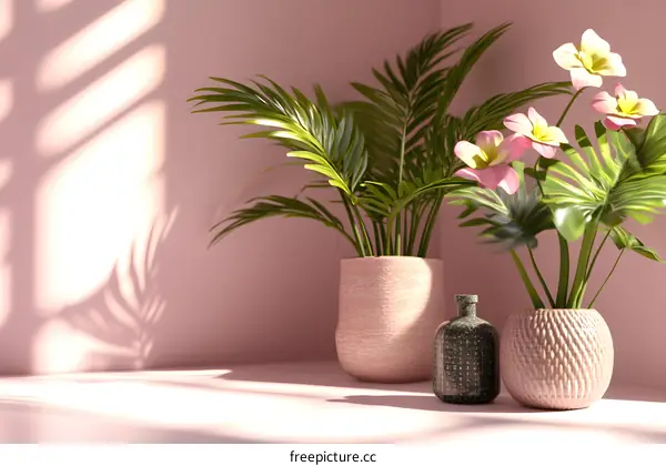 Pink Wall with Tropical Plants and Flowers in Pots