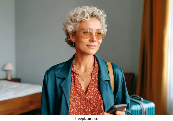 Mature Woman in Teal Jacket Exploring Hotel Room