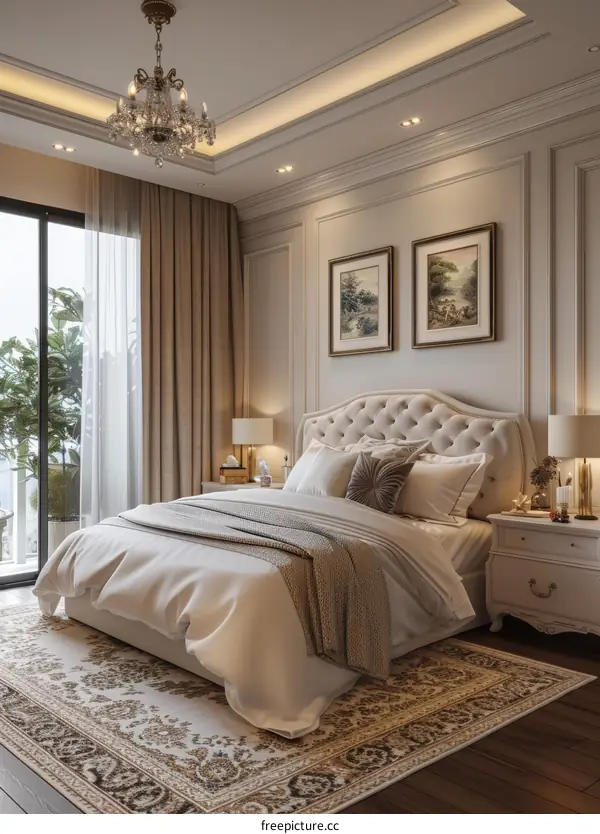 European Style Bedroom with Balcony and Wall Mural