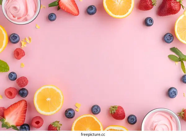 Fresh Fruit and Cream Border on Pink Background