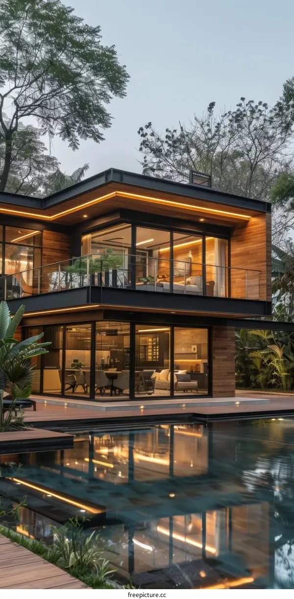 Modern two-story house with pool and large glass windows