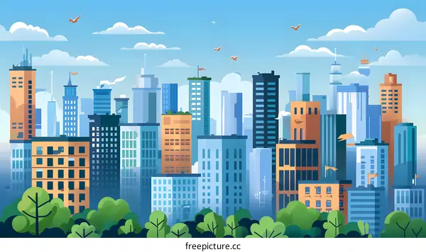 Modern City Skyline Illustration with Green Trees