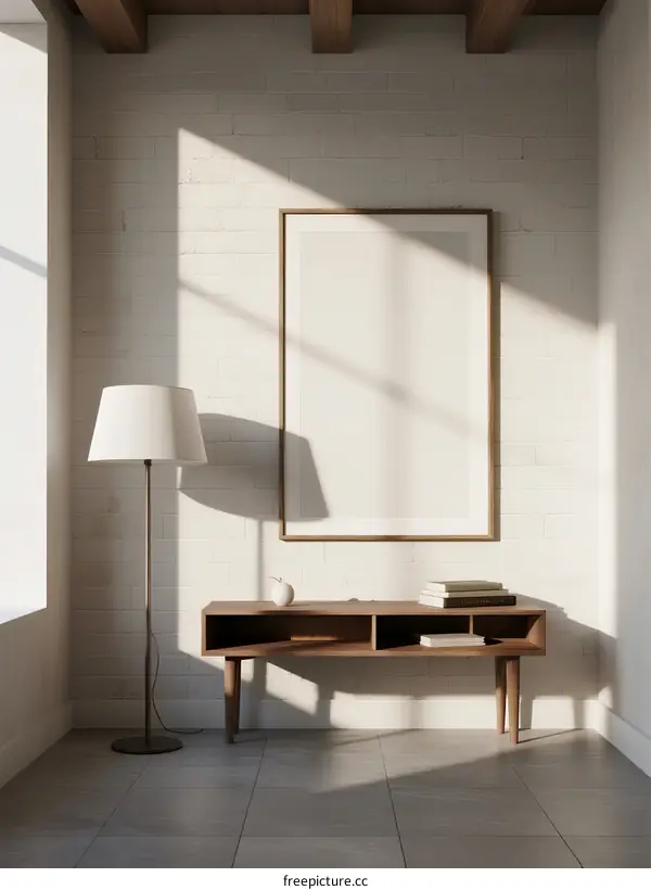Minimalist White Room with Wooden Furniture and Empty Frame