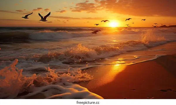 Beautiful sunset over the ocean with flying seagulls
