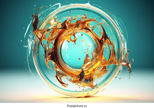 Abstract 3D render of amber liquid splash with turquoise sphere inside