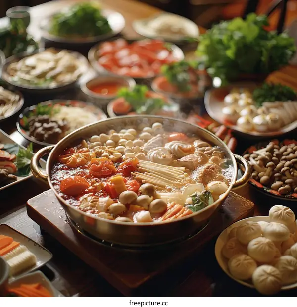 An appetizing hot pot meal filled with diverse ingredients