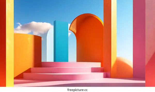 Abstract Minimalist Geometric Shapes With Pink Steps And Blue And Orange Columns Against A Sky Background
