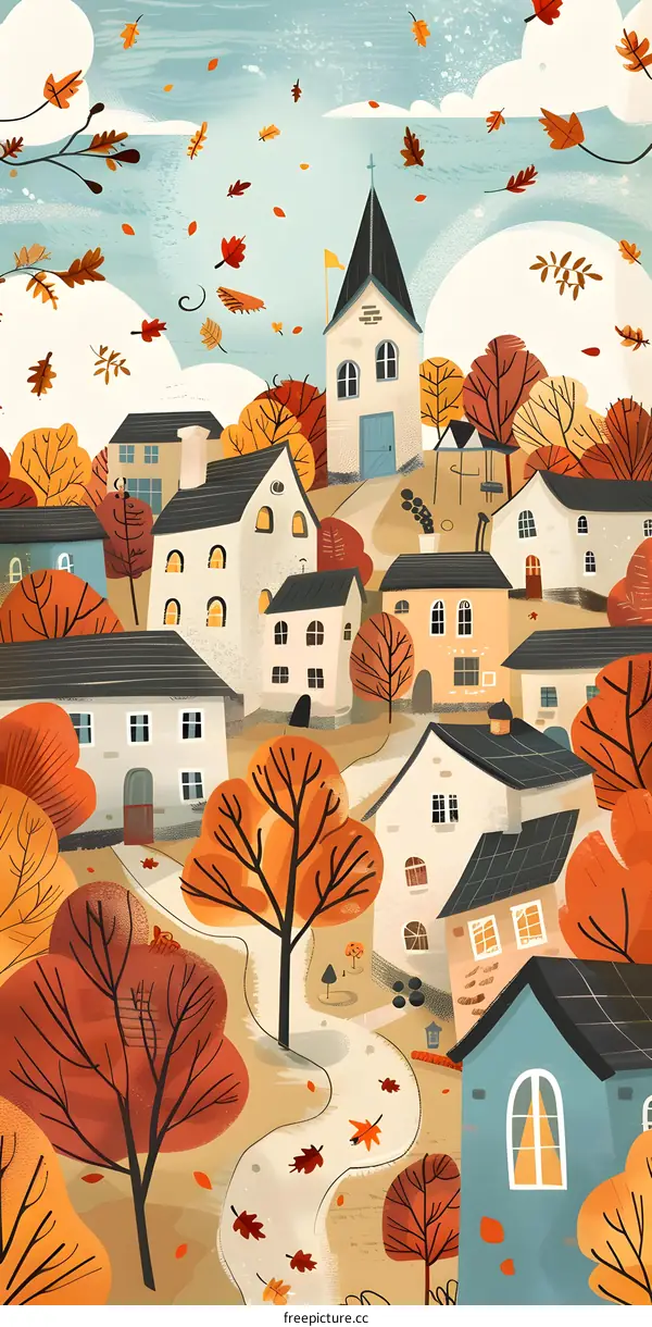 Autumn Village Illustration with Trees and Houses