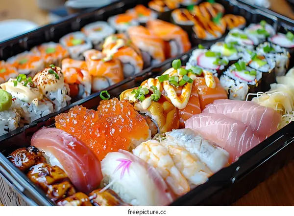 A variety of sushi and sashimi