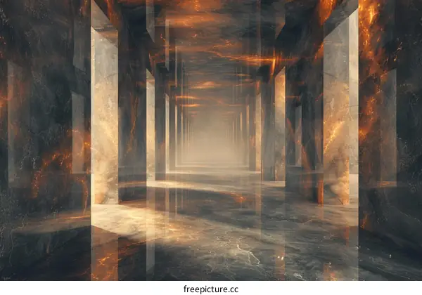 Futuristic Sci-Fi Corridor with Glowing Lava Columns and Reflective Floor
