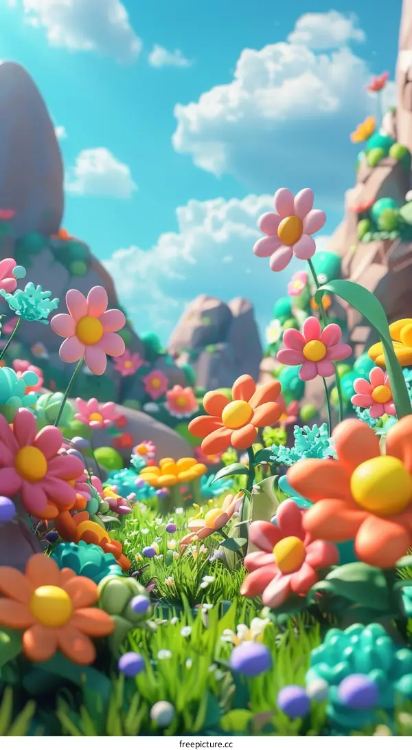 Whimsical Flower Valley Under Blue Sky