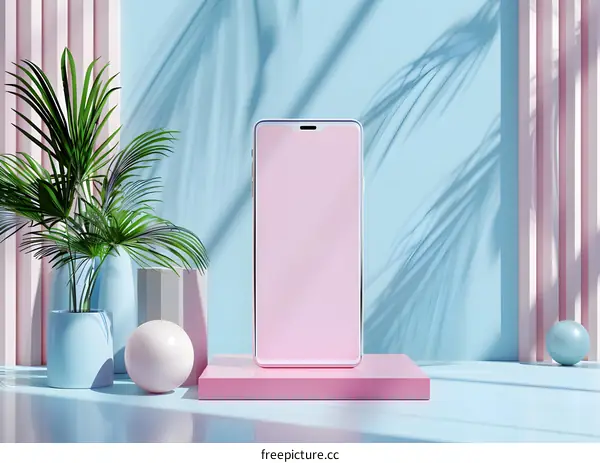 Pink Phone Mockup With Palm Leaf and Blue Background