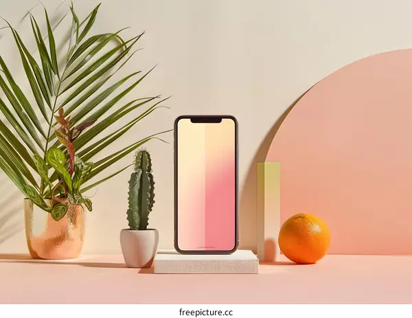 Minimalist Phone Mockup with Cactus and Orange Fruit