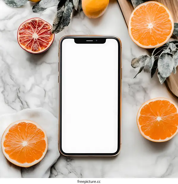 Flat Lay of Orange Slices and Mobile Phone with White Screen on Marble Background
