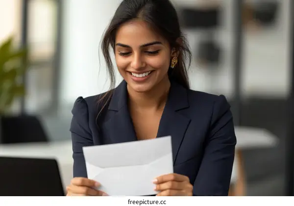 Business Woman Reading a Letter in Office