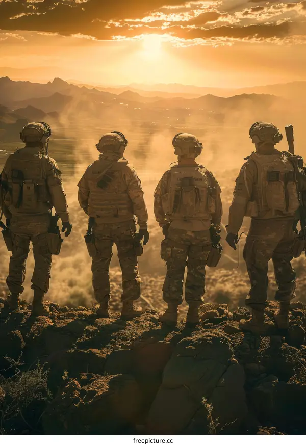 Four soldiers in the desert watching the sunset