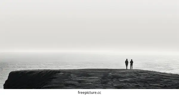 Two people standing on a cliff overlooking the ocean