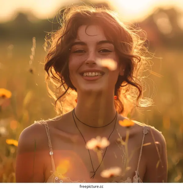 Smiling Woman in a Field of Flowers at Golden Hour