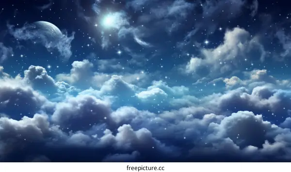 Fantasy night sky with stars, clouds and a bright shining moon