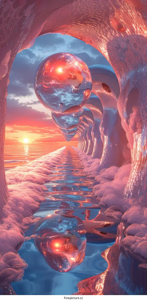 Alien Landscape with Floating Spheres and Setting Sun