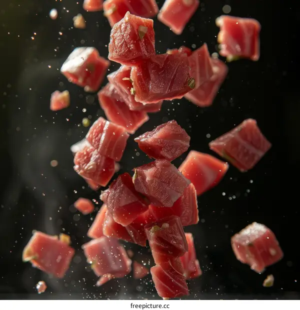 tuna sashimi pieces suspended in mid air