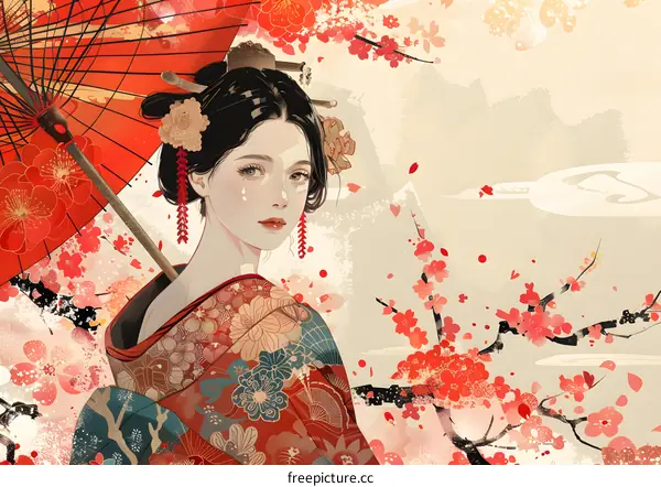 A beautiful Japanese woman in a kimono holding a red umbrella under a cherry blossom tree.