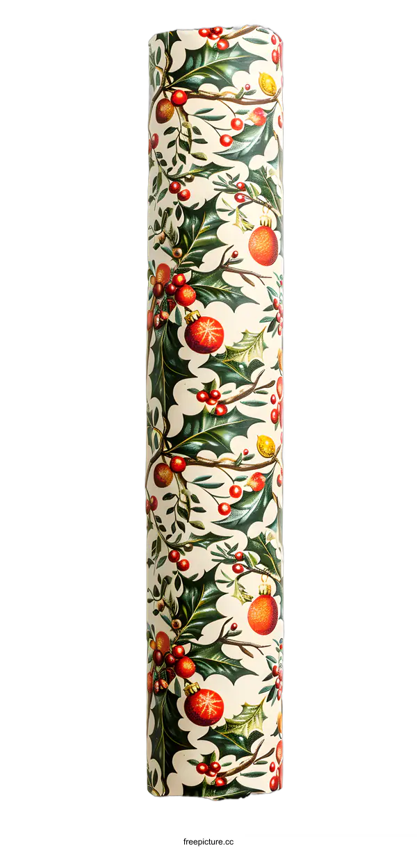 [Transparent Background PNG]Roll of Christmas Wrapping Paper with Holly and Berries Pattern