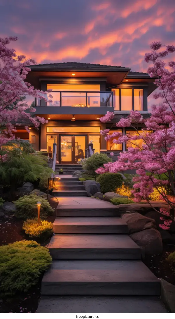 A beautiful house with a pink flowering tree in front of it.