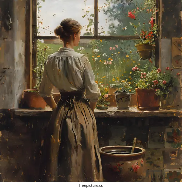 A woman standing in front of a window looking at flowers