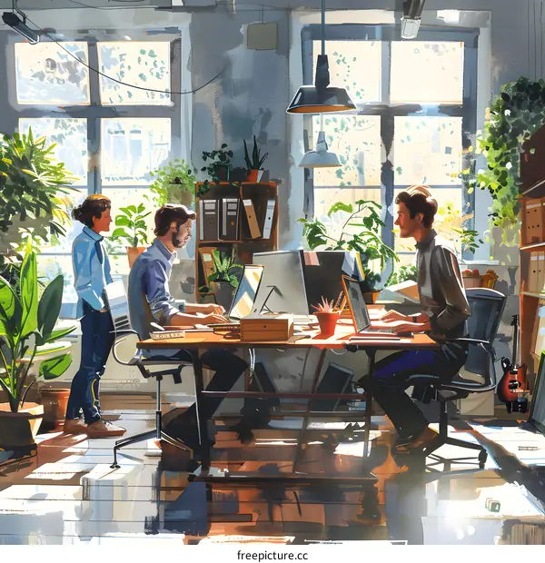 Three people working in a creative office space
