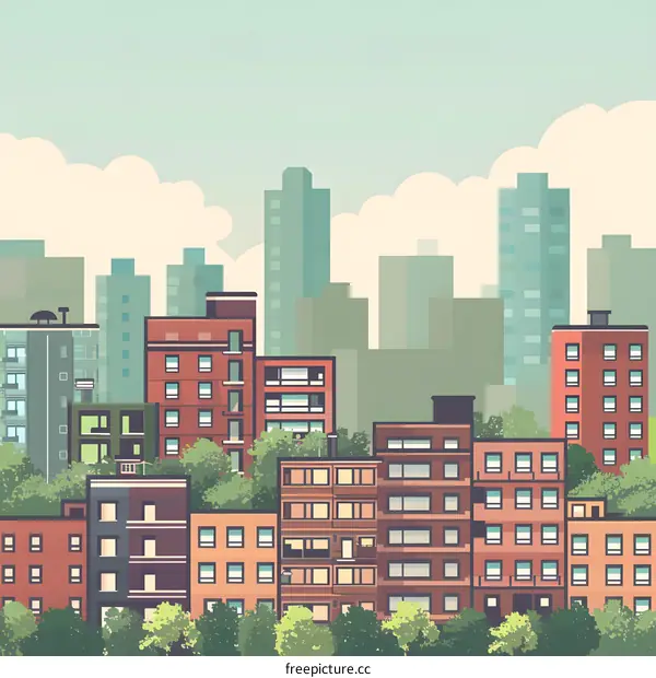 Cityscape Illustration with Buildings and Trees